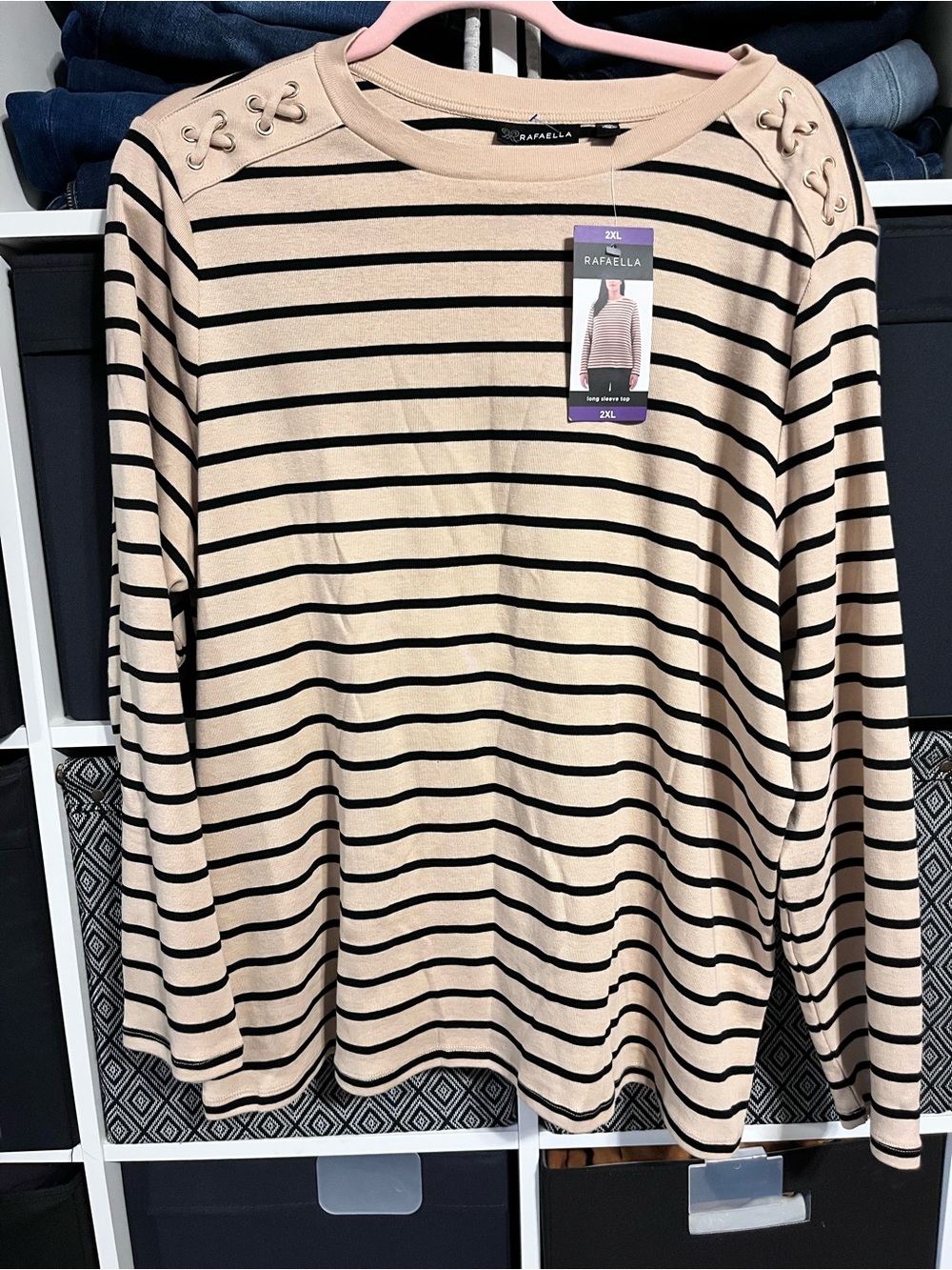 Rafaella Beige and Black Striped Lace-Up Shoulder Knit Top